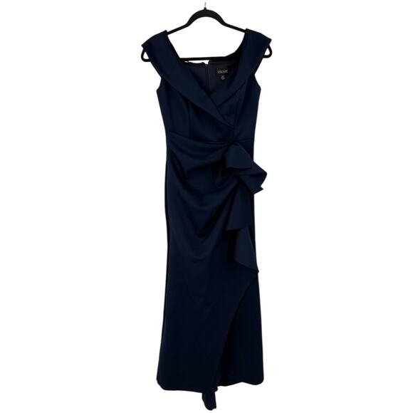 Xscape 4793XW Ruffle Patti Off the Shoulder Scuba Knit Gown dress blue size 6P - Picture 2 of 8